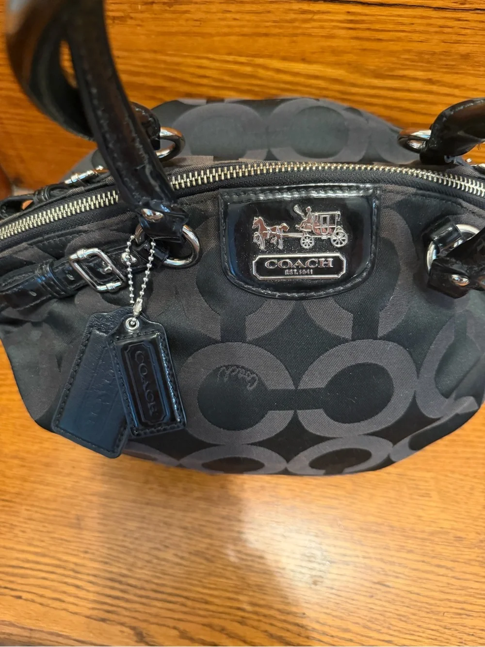 Coach Madison Black Signature Satchel with Patent Handles
